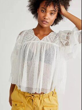 Free People True Candy Tunic Sheer Embroidered Lace Blouse Top S